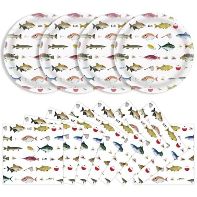 KFJBPB 40 Pcs Fishing Plates and Napkins Party Supplies, Fishing Birthday Paper Plates and Napkins Disposable Tableware Set for Ofishally One Birthday Decorations Serves 20