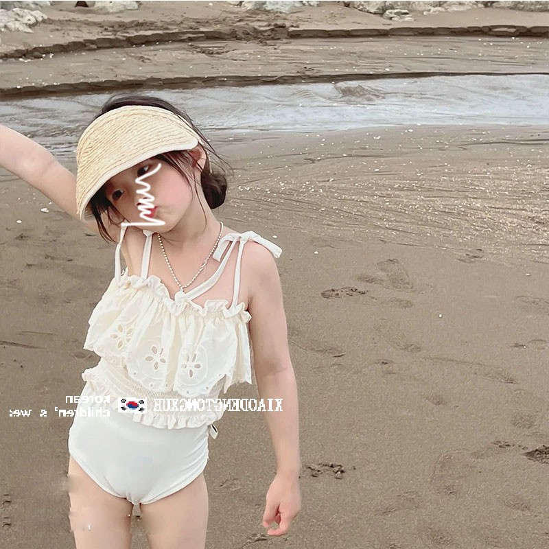 Generic Childrens Wear 2024 Summer New Childrens Western Style Swimsuit Babys Embroidered Ruffled Sling Strap Swimwear milky white