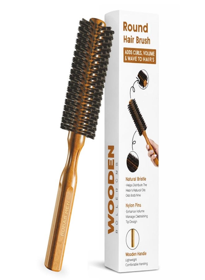 RUBAB MEN Round Comb Hair Brush| Luxury Roller Comb with Natural Bristles, Wooden Handle & Scalp Massage Pins | Hairs Styling, Volume, Curls & Blow Drying - Image 1