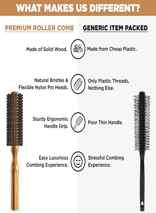 RUBAB MEN Round Comb Hair Brush| Luxury Roller Comb with Natural Bristles, Wooden Handle & Scalp Massage Pins | Hairs Styling, Volume, Curls & Blow Drying - Image 5