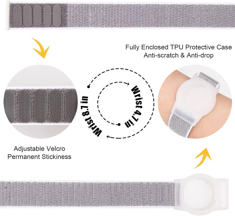 Yiurcy سوار AirTag للأطفال، غلاف واقي لجهاز Apple Air Tag مع حزام معصم نايلون، غلاف حالة متعقب GPS مضاد للفقدان، حزام ساعة مرن للأطفال والفتيات والفتيان وكبار السن (رمادي) - Image 4