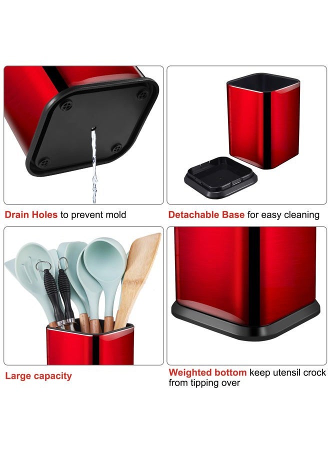 RedCall Stainless Steel Kitchen Utensil Holder for Countertop,Large Cooking Utensils Organizer,Spoon Spatula Holder,Modern Rectangular Utensil Caddy Counter,Utensil Crock Red - Image 4