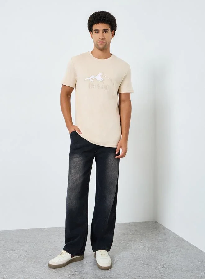 Styli Men Beige Graphic Print Crew Neck T-Shirt