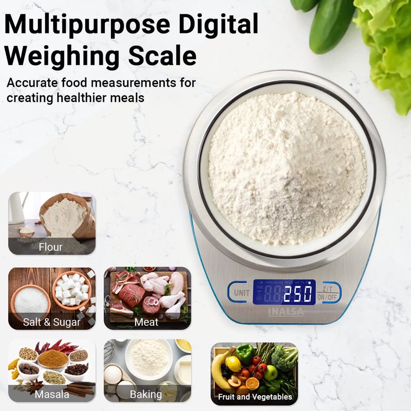 Inalsa Inalsa Digital Kitchen Weighing Scale Food Weight Machine for Health Fitness Home Baking CookingINKS 02 with TareZero FunctionHigh Precision Weighing Sensor1 Year Warranty SilverBlue - Image 2
