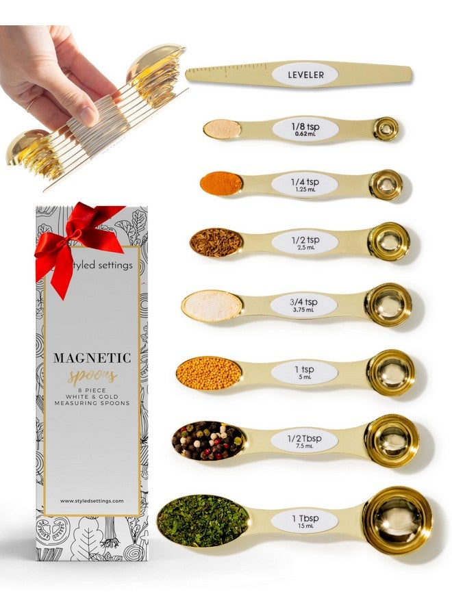 styled settings White and Gold Magnetic Measuring Spoons - Stainless Steel Double Sided Measuring Spoons for Cooking and Baking - Cute White and Gold Kitchen Accessories, Ideal for Gifting - Image 1