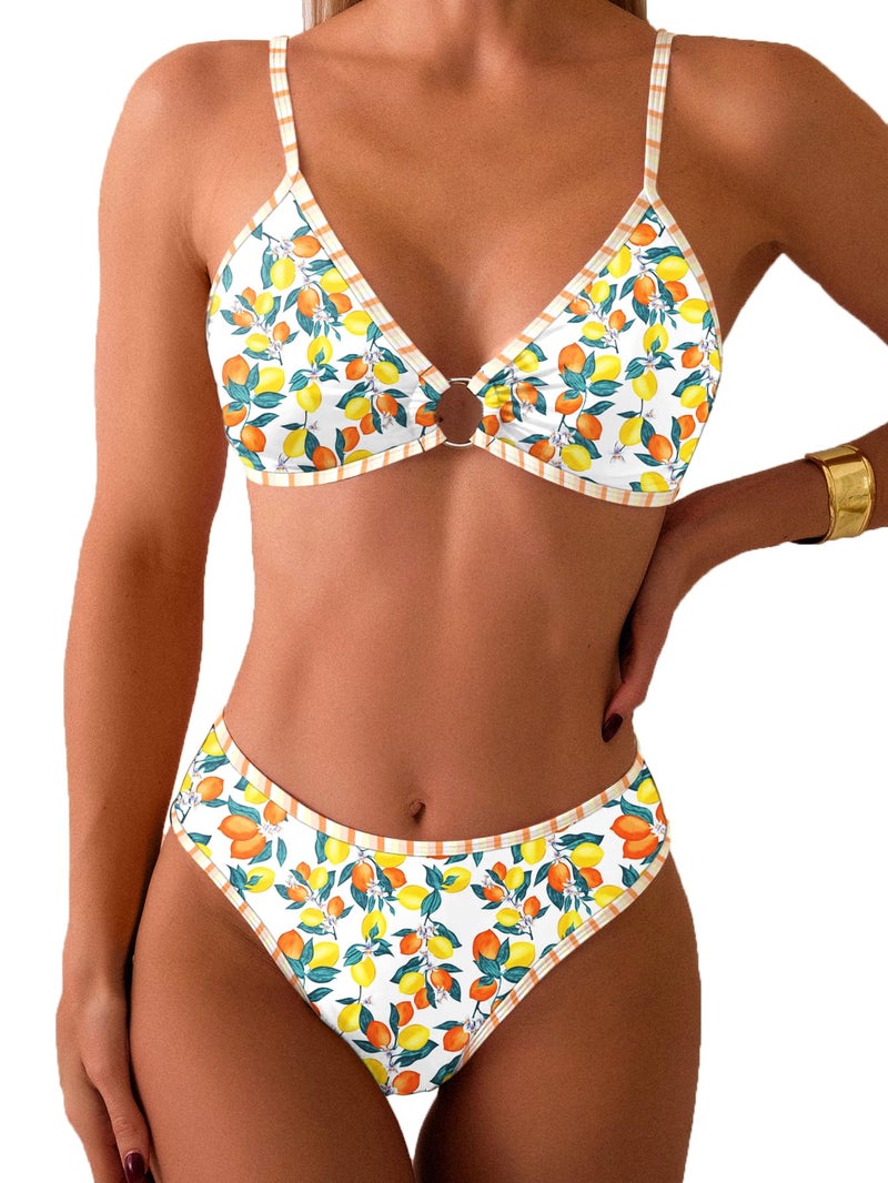Fanuerg Women's Triangle Bikini Sets O Ring Linked Two Piece Swimsuits Color Block Cheeky Bathing Suit Lemon Fruit Print S - Image 1