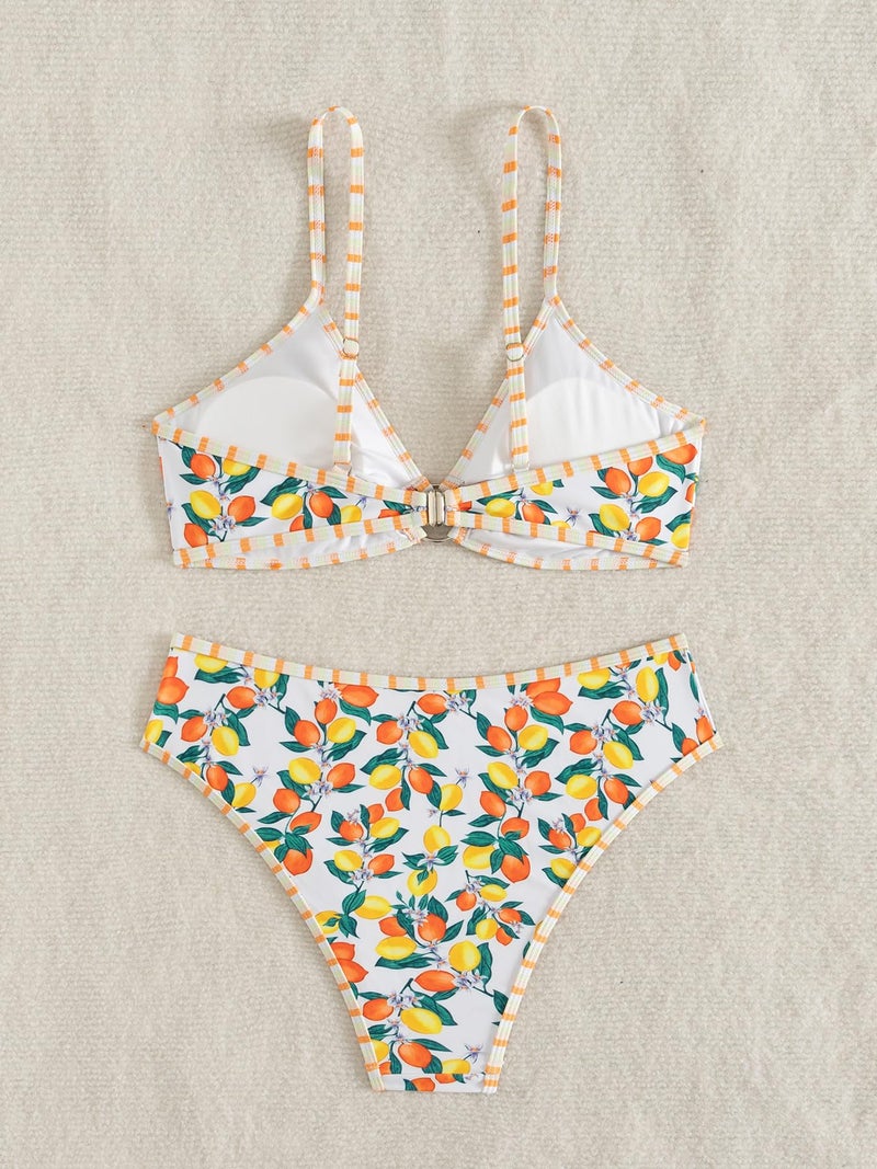 Fanuerg Women's Triangle Bikini Sets O Ring Linked Two Piece Swimsuits Color Block Cheeky Bathing Suit Lemon Fruit Print S - Image 5