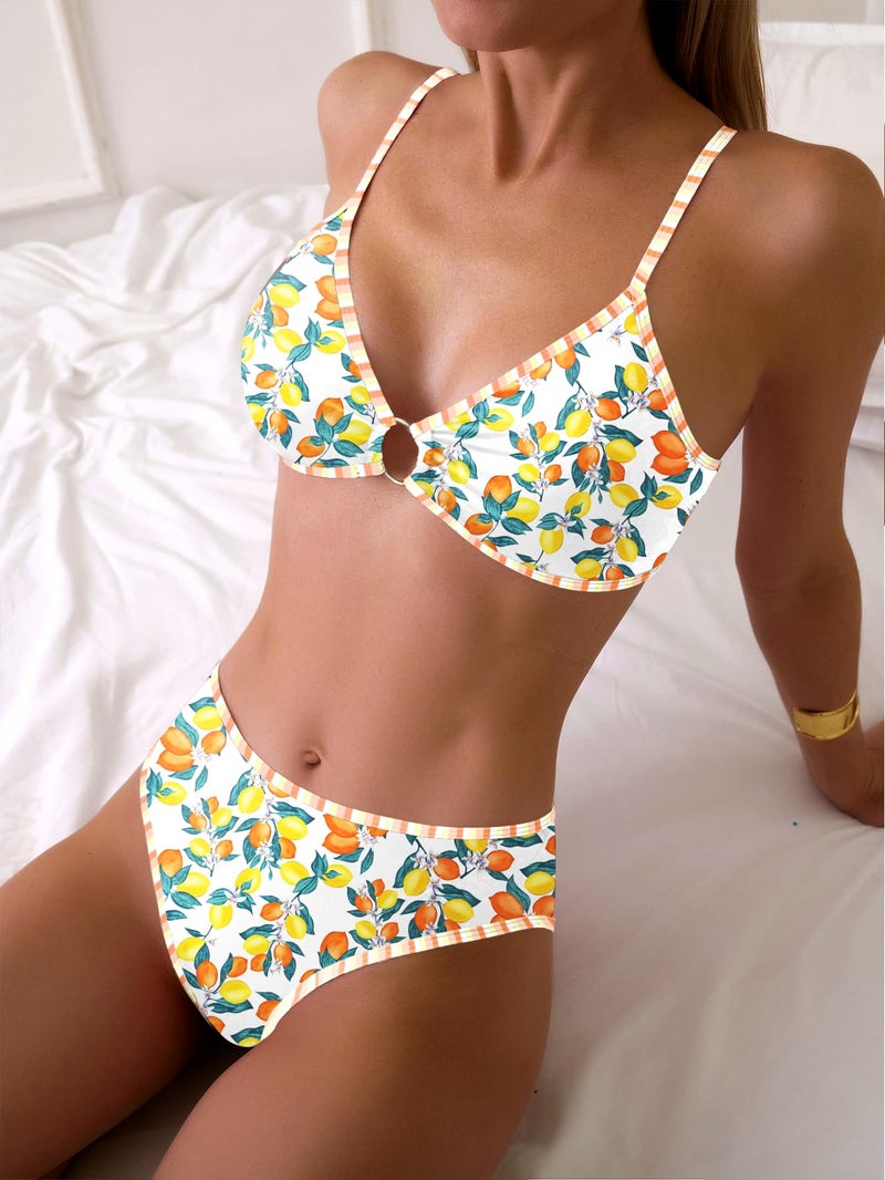 Fanuerg Women's Triangle Bikini Sets O Ring Linked Two Piece Swimsuits Color Block Cheeky Bathing Suit Lemon Fruit Print S - Image 3