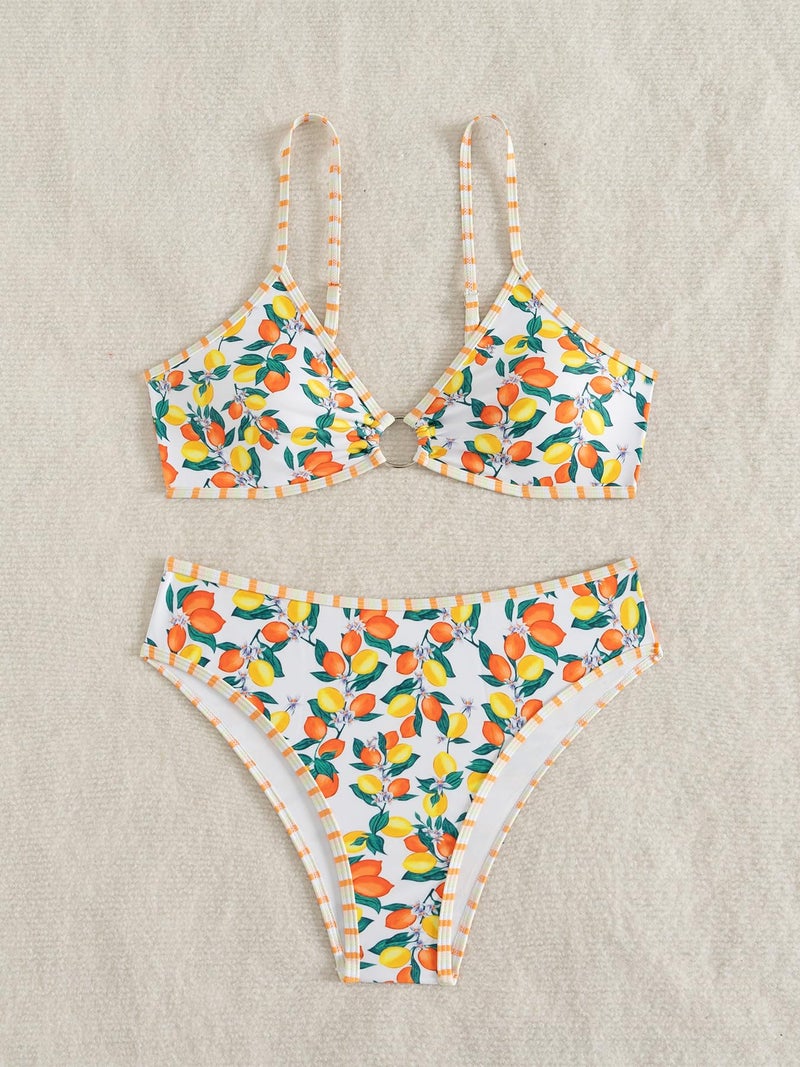 Fanuerg Women's Triangle Bikini Sets O Ring Linked Two Piece Swimsuits Color Block Cheeky Bathing Suit Lemon Fruit Print S - Image 4