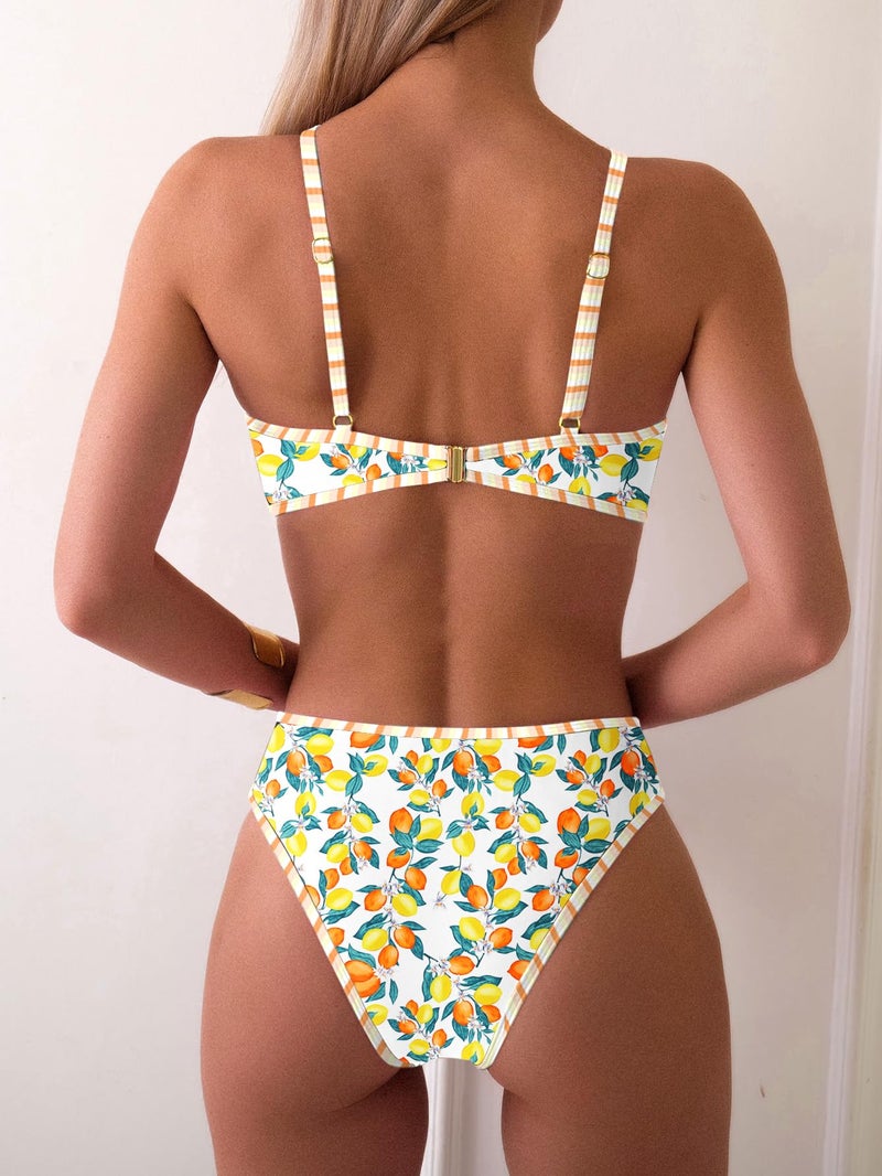Fanuerg Women's Triangle Bikini Sets O Ring Linked Two Piece Swimsuits Color Block Cheeky Bathing Suit Lemon Fruit Print S - Image 2