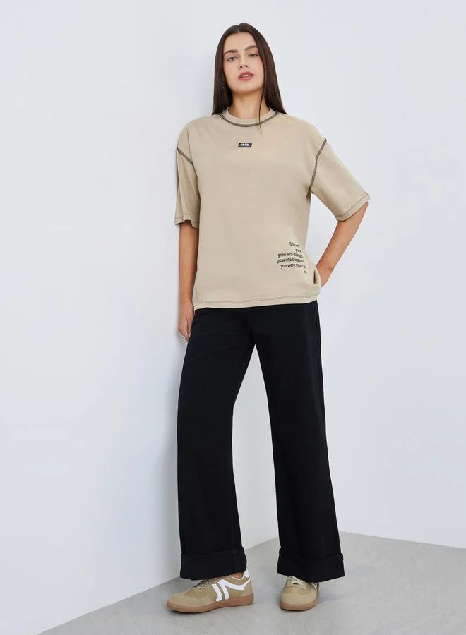 Styli Beige Oversized Graphic T-Shirt with Contrast Stitching