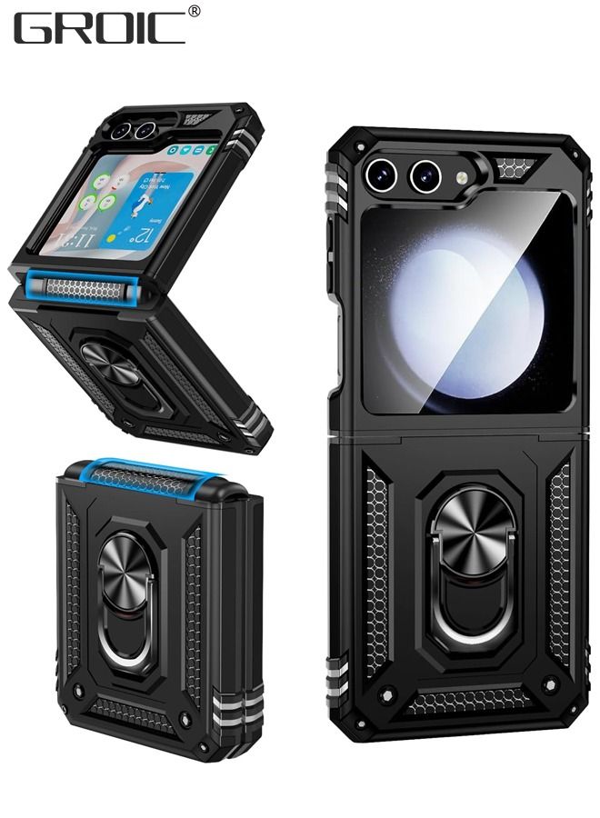 GROIC Samsung Galaxy Z Flip 5 Black Case with Hinge Protection and 360°Rotate Ring Magnetic Kickstand, Samsung Z Flip 5 Phone Case for Samsung Galaxy Z Flip 5 5G  - Image 1