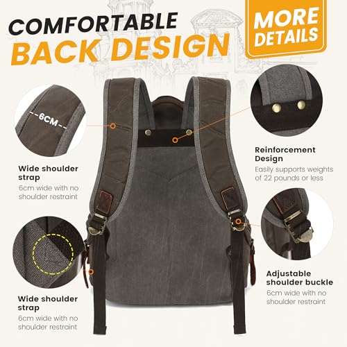 HuaChen Leather Waxed Canvas Backpack,Men’s Vintage Travel Rucksack, Casual Daypack Large - M80 Grey - Image 4