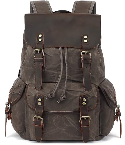 HuaChen Leather Waxed Canvas Backpack,Men’s Vintage Travel Rucksack, Casual Daypack Large - M80 Grey - Image 1