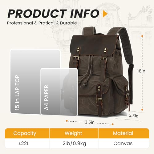 HuaChen Leather Waxed Canvas Backpack,Men’s Vintage Travel Rucksack, Casual Daypack Large - M80 Grey - Image 2