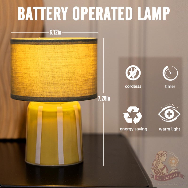MJ PREMIER Battery Operated Lamp with Timer, Small Cordless Lamp with Glass Base, Fabric Shade Portable Table Lamp for Bedroom Living Room Bedside Home Decor (Green) - Image 3