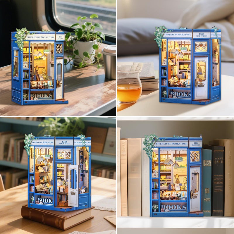 Fsolis Book Nook Kit - DIY Miniature Dollhouse Kit 3D Puzzles for Adult Tiny House Mini Booknook Craft Bookshelf Decor, 186 Wooden Pieces, Gifts for Women Teenagers Book Lovers (Literature Bookstore) - Image 5