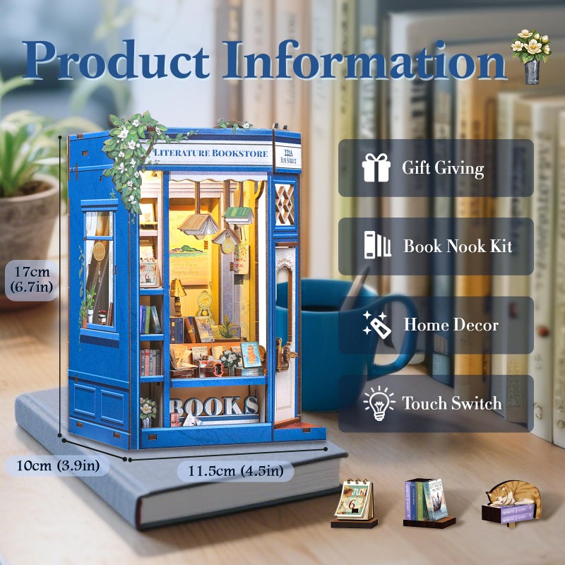 Fsolis Book Nook Kit - DIY Miniature Dollhouse Kit 3D Puzzles for Adult Tiny House Mini Booknook Craft Bookshelf Decor, 186 Wooden Pieces, Gifts for Women Teenagers Book Lovers (Literature Bookstore) - Image 3