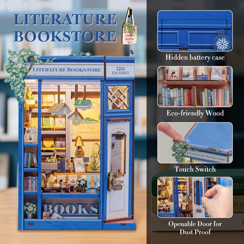 Fsolis Book Nook Kit - DIY Miniature Dollhouse Kit 3D Puzzles for Adult Tiny House Mini Booknook Craft Bookshelf Decor, 186 Wooden Pieces, Gifts for Women Teenagers Book Lovers (Literature Bookstore) - Image 2