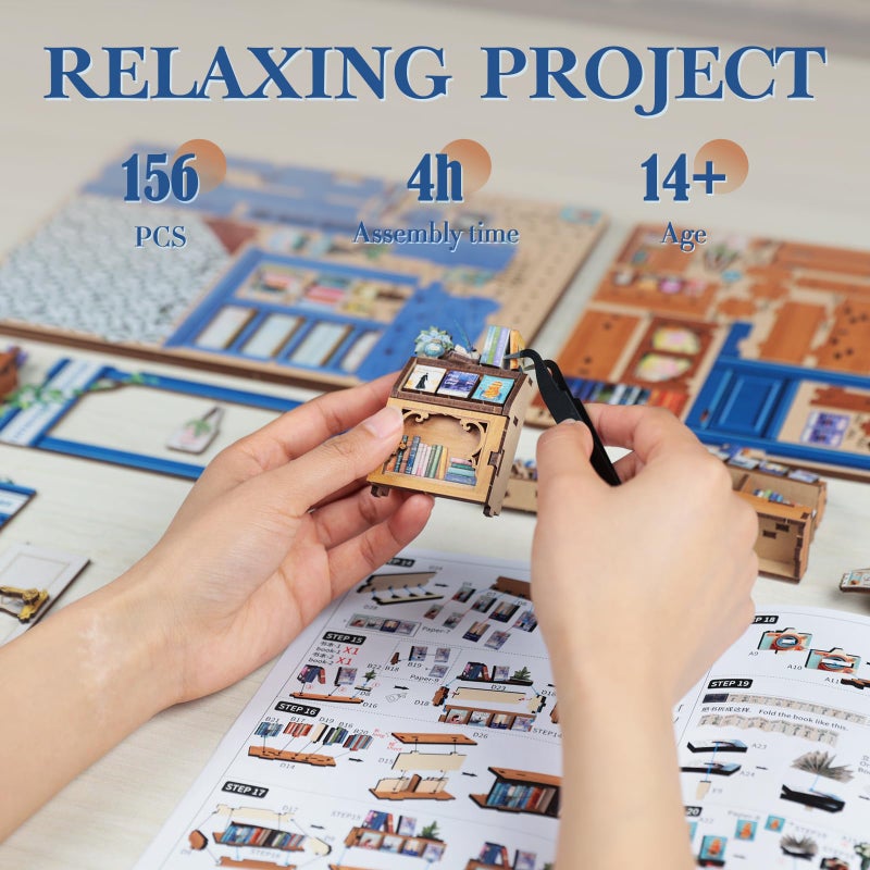 Fsolis Book Nook Kit - DIY Miniature Dollhouse Kit 3D Puzzles for Adult Tiny House Mini Booknook Craft Bookshelf Decor, 186 Wooden Pieces, Gifts for Women Teenagers Book Lovers (Literature Bookstore) - Image 4