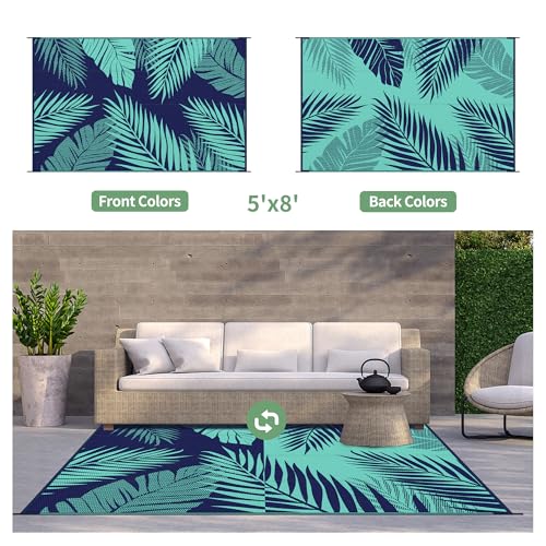 GENIMO Outdoor Rug 5 x 8 Waterproof for Patios Clearance Reversible Outdoor Plastic Straw Camping Rug Carpet Large Area Rugs Mats for RV Camper Deck Balcony Porch Beach Navy BlueJade Green - Image 3