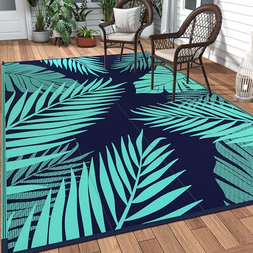 GENIMO Outdoor Rug 5 x 8 Waterproof for Patios Clearance Reversible Outdoor Plastic Straw Camping Rug Carpet Large Area Rugs Mats for RV Camper Deck Balcony Porch Beach Navy BlueJade Green - Image 1