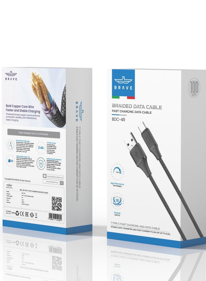 Brave Durable Nylon Braided USB-A to Type-C Charging Cable, 3A Fast Charging and High-Speed ​​Data Transfer, Compatible with Samsung Galaxy, Google Pixel, Huawei, MacBook, Nintendo Switch and More - Sturdy, Tangle-Free Design for Reliable Performance and Fast Power Delivery (1m, Black) - Image 5