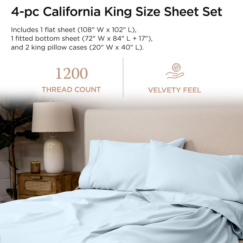 Threadmill ملاءات Threadmill California King ملاءات قطن Supima الأمريكية المعتمدة بعدد 1200 خيط ملاءات عالية الجودة للفنادق مكونة من 4 قطع ملاءات سرير فاخرة مع جيب عميق إضافي مطاطي باللون الأزرق الفاتح - Image 2