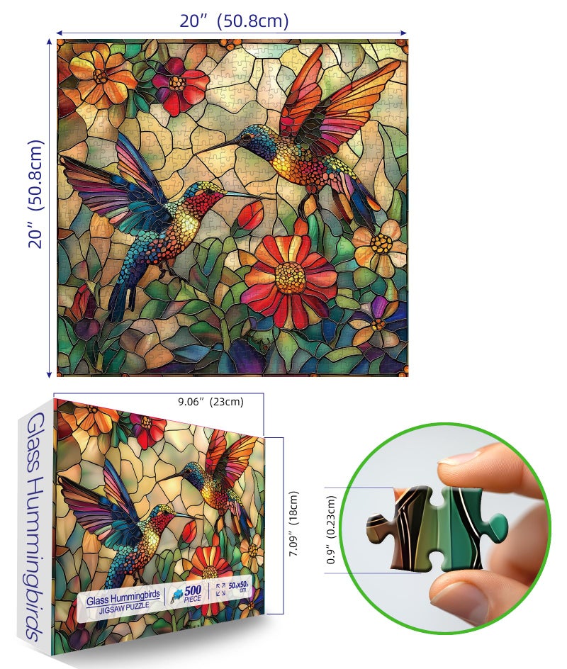 MINIWAN Stained Glass Flower Bird Puzzles for Adults 500 Pieces Colorful Mosaic Hummingbird Jigsaw Puzzles 500 Pieces with Letters on Back Hard Impossible Difficult Challenging Family Puzzle (20"X20") - Image 2
