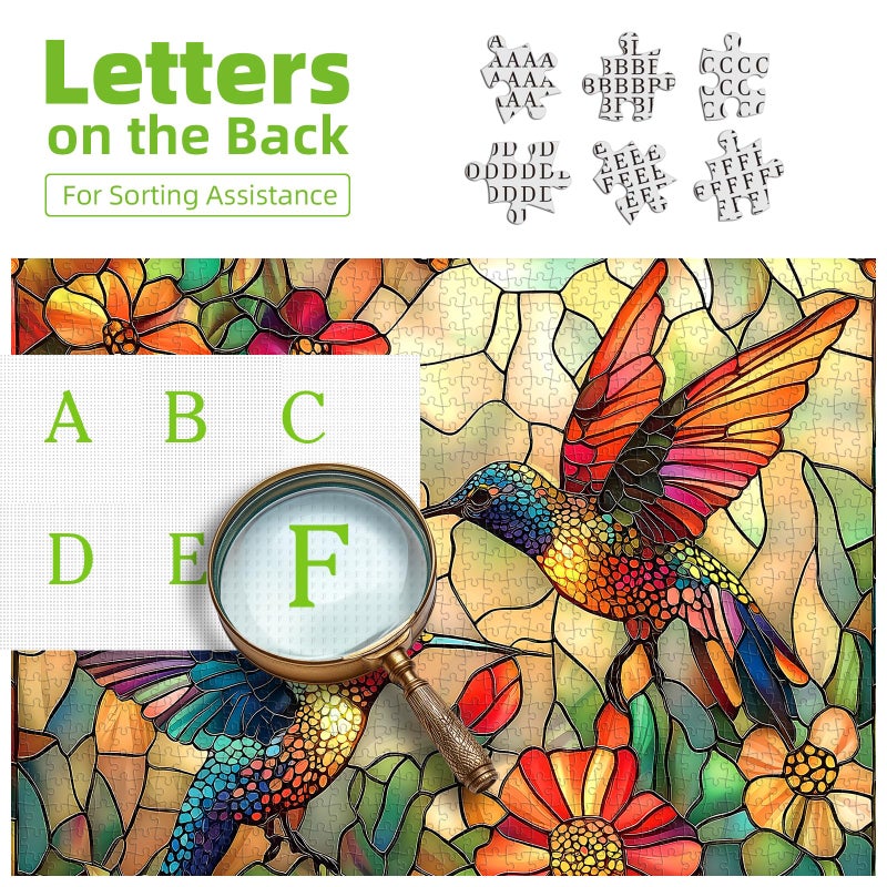 MINIWAN Stained Glass Flower Bird Puzzles for Adults 500 Pieces Colorful Mosaic Hummingbird Jigsaw Puzzles 500 Pieces with Letters on Back Hard Impossible Difficult Challenging Family Puzzle (20"X20") - Image 3