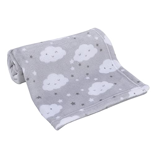NoJo Super Soft Gray & White Clouds & Stars Plush Baby Blanket, Grey, White, Charcoal - Image 1