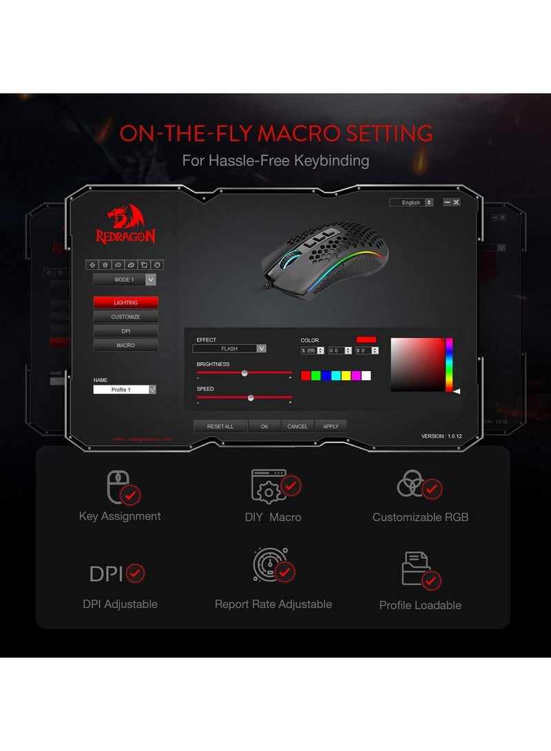 Redragon M808 Storm Lightweight RGB Gaming Mouse- 85g Ultralight Honeycomb Shell - 12,400 DPI Optical Sensor - 7 Programmable Buttons - Precise Registration - Super-Lite Cable - Image 4