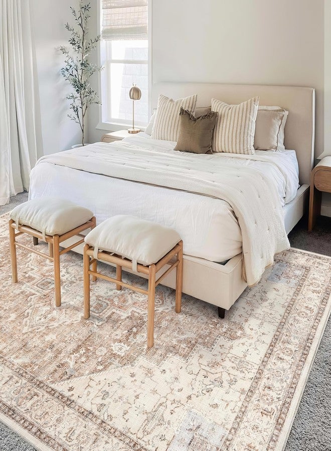 BILEEHOME Boho Farmhouse Bedroom Rug Washable Easy Clean Stain Resistant Vintage Country Rustic Neutral Persian Area Rug for Dining Room Under Table,Light Tan Brown Beig with Terracotta Pattern,5x8 - Image 5