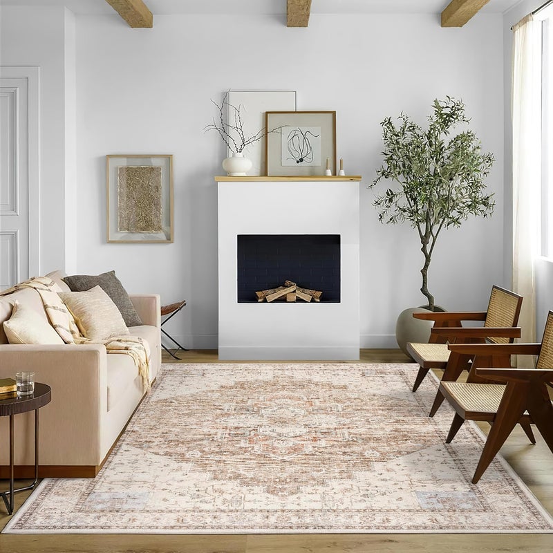 BILEEHOME Boho Farmhouse Bedroom Rug Washable Easy Clean Stain Resistant Vintage Country Rustic Neutral Persian Area Rug for Dining Room Under Table,Light Tan Brown Beig with Terracotta Pattern,5x8 - Image 1