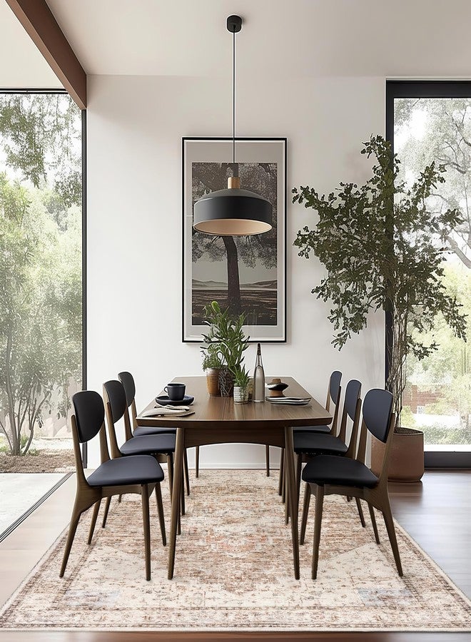 BILEEHOME Boho Farmhouse Bedroom Rug Washable Easy Clean Stain Resistant Vintage Country Rustic Neutral Persian Area Rug for Dining Room Under Table,Light Tan Brown Beig with Terracotta Pattern,5x8 - Image 2