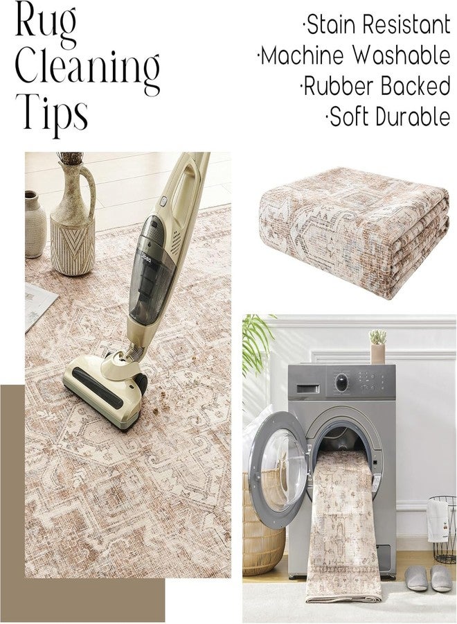 BILEEHOME Boho Farmhouse Bedroom Rug Washable Easy Clean Stain Resistant Vintage Country Rustic Neutral Persian Area Rug for Dining Room Under Table,Light Tan Brown Beig with Terracotta Pattern,5x8 - Image 4