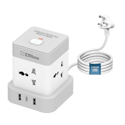 EMBOX Cube Extension Board with USB Type C | 2500W Extension Board with Switches | Extension Cord with 4 Universal Sockets Safety Shutter & Overload Protector 12W - Image 1