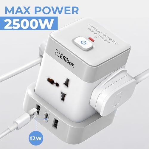 EMBOX Cube Extension Board with USB Type C | 2500W Extension Board with Switches | Extension Cord with 4 Universal Sockets Safety Shutter & Overload Protector 12W - Image 4