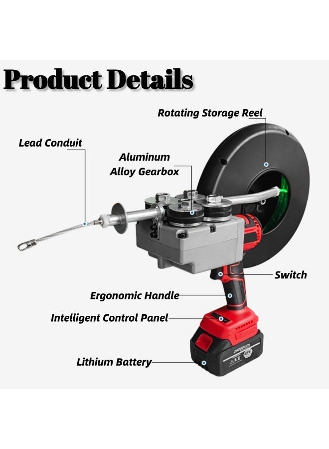 جيرزون أدوات سحب الأسلاك الأوتوماتيكية من GearZone، أداة سحب أسلاك كهربائية، آلة تمديد أسلاك كهربائية أوتوماتيكية، آلة تمرير الأسلاك في الجدران مع بطاريتين، طول الكابل 30 مترًا لشبكات الاتصالات في مواقع البناء والطاقة الكهرومائية - أحمر - Image 2