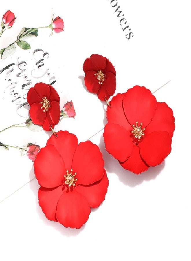 CEALXHENY Flower Dangle Earrings Boho Layered Floral Drop Earrings Statement Stud Earring for Women (A-Red) - Image 5