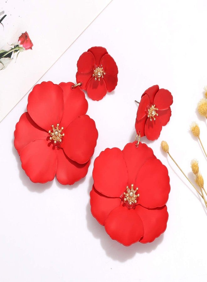 CEALXHENY Flower Dangle Earrings Boho Layered Floral Drop Earrings Statement Stud Earring for Women (A-Red) - Image 4
