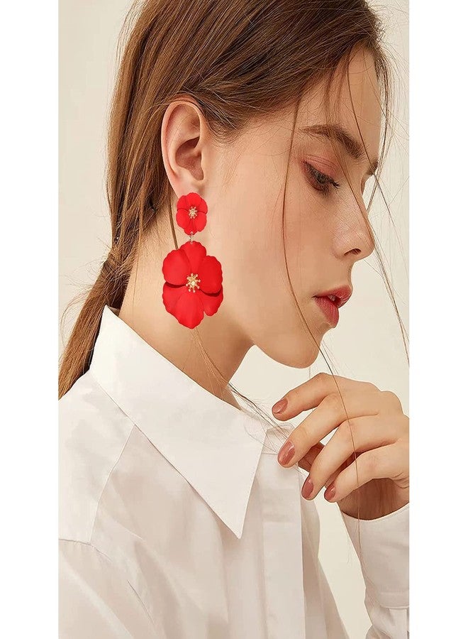 CEALXHENY Flower Dangle Earrings Boho Layered Floral Drop Earrings Statement Stud Earring for Women (A-Red) - Image 3