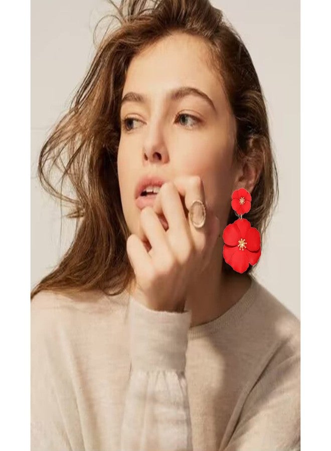 CEALXHENY Flower Dangle Earrings Boho Layered Floral Drop Earrings Statement Stud Earring for Women (A-Red) - Image 2