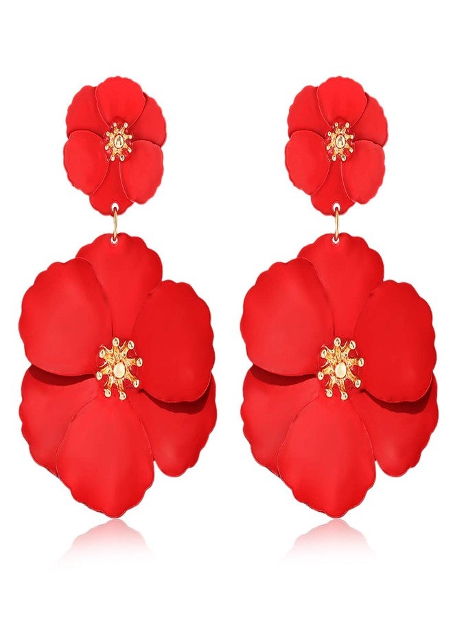 CEALXHENY Flower Dangle Earrings Boho Layered Floral Drop Earrings Statement Stud Earring for Women (A-Red) - Image 1