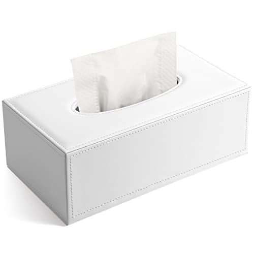 KINGFOM Rectangular PU Leather Tissue Box Cover Facial Tissue Paper Napkin Holder for Bathroom Home Office Car Automotive Decoration with Magnetic BottomWhite