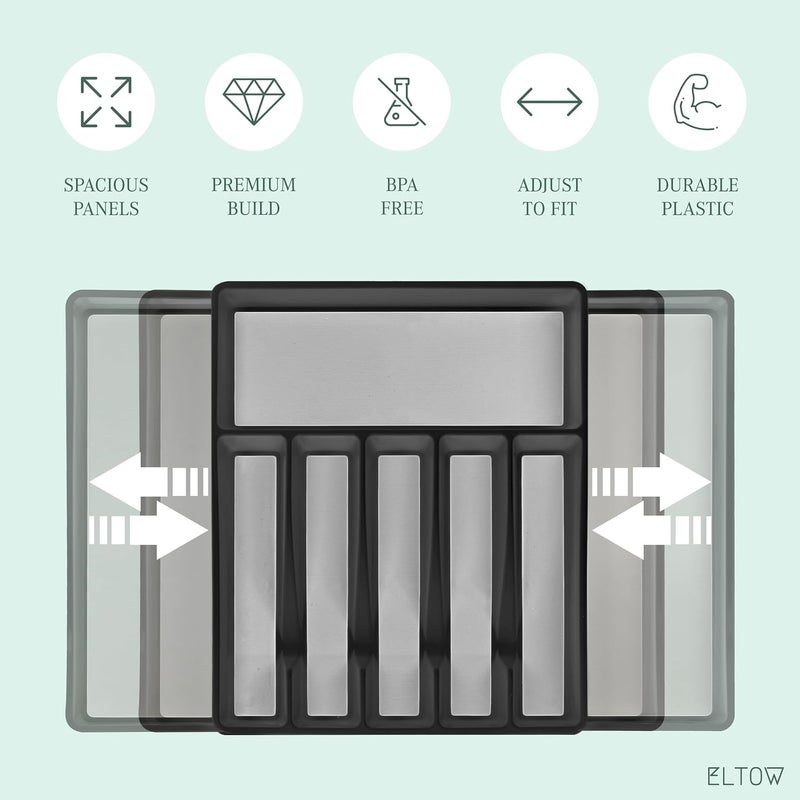 ELTOW Easy lifting build Expandable Silverware Drawer Organizer, 8 Compartment Non-Slip & Adjustable Silverware Trays For Kitchen Drawers, Kitchen Organization for Utensils, Cutlery, Flatware Storage - Black Care processed raw material - Image 4