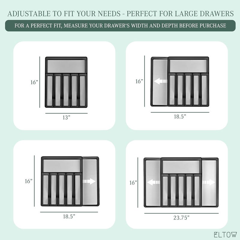 ELTOW Easy lifting build Expandable Silverware Drawer Organizer, 8 Compartment Non-Slip & Adjustable Silverware Trays For Kitchen Drawers, Kitchen Organization for Utensils, Cutlery, Flatware Storage - Black Care processed raw material - Image 2