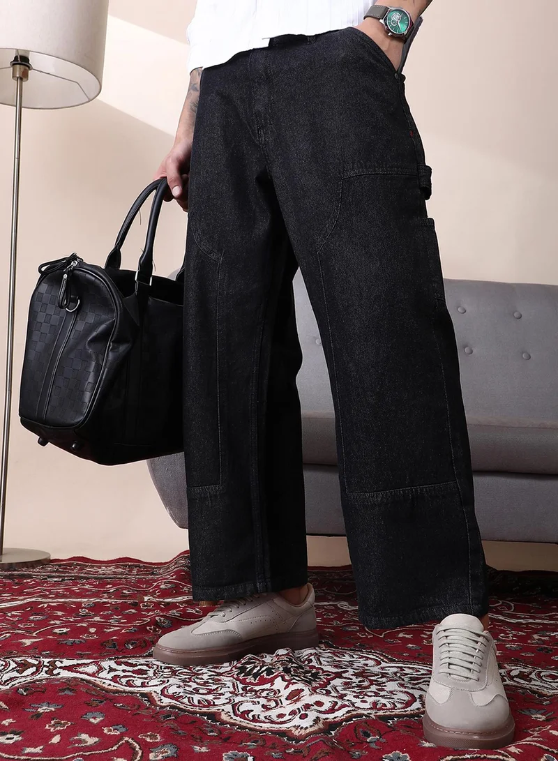 Campus Sutra Campus Sutra Men's Dark Blue Patched Straight Denim Jeans For Casual Wear | Mid-Rise | Straight Fit | Button Closure | Denim Jeans Crafted With Comfort Fit For Everyday Wear