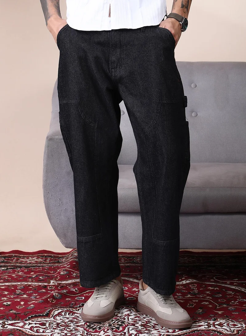 Campus Sutra Campus Sutra Men's Dark Blue Patched Straight Denim Jeans For Casual Wear | Mid-Rise | Straight Fit | Button Closure | Denim Jeans Crafted With Comfort Fit For Everyday Wear