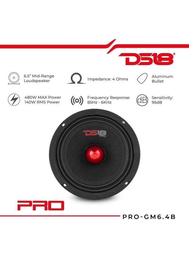 DS18 DS18 PRO-GM6.4B Midrange Loudspeaker 6.5" Red Aluminum Bullet, 480W Max, 4 Ohms, 1.5" Kapton VC Premium Quality Audio Door Speakers for Car or Truck Stereo Sound System - Image 2